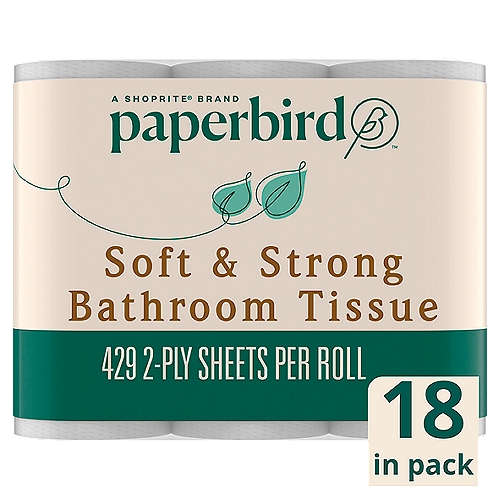 Paperbird Soft & Strong Bathroom Tissue, 429 2-ply sheets per roll, 18 count
18 Mega Rolls = 72 Regular*
*Compared to a regular roll with 107 sheets