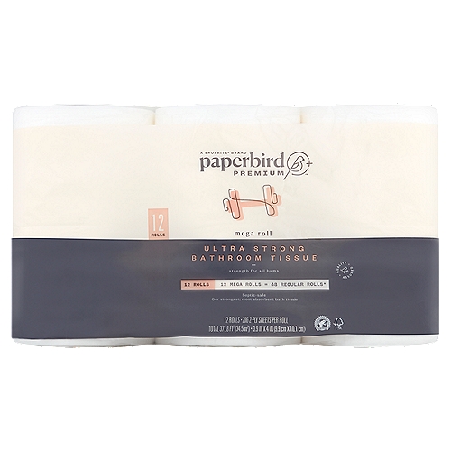Paperbird Premium Ultra Strong Bathroom Tissue, 286 2-ply sheets per roll, 12 count
12 Mega Rolls = 48 Regular Rolls*
*Compared to a regular roll with 71 sheets