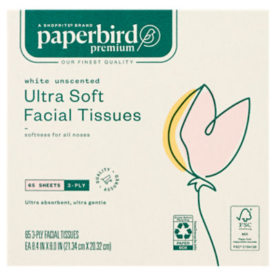 Paperbird Premium White Unscented Ultra Soft Facial Tissues, 65 3-ply tissues per box