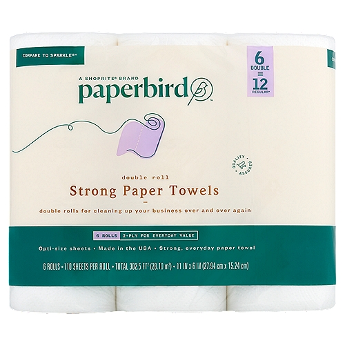 Paperbird Strong Paper Towels, 110 sheets per roll, 6 count
6 Giant Rolls = 10+ Regular Rolls*
*Compared to a regular roll with 28.8 sq ft