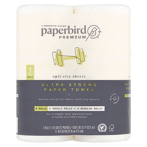 Paperbird Premium Ultra Strong Paper Towel, 110 sheets per roll, 2 count
2 Double Rolls = 4 Regular Rolls*
*Compared to a regular roll with 24.8 sq ft