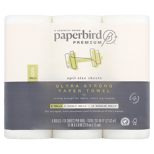 Paperbird Premium Ultra Strong Paper Towel, 110 sheets per roll, 6 count
6 Double Rolls = 12 Regular Rolls*
*Compared to a regular roll with 24.8 sq ft