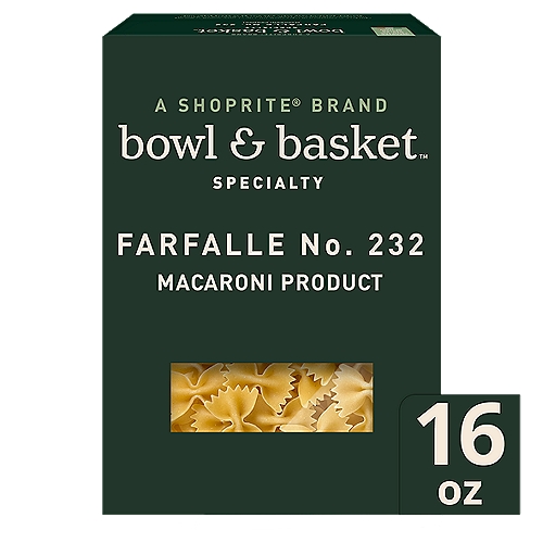Bowl & Basket Specialty Farfalle No. 232 Pasta, 16 oz
Macaroni Product

Farfalle is Produced in Italy from the Finest 100% Durum Semolina. The Production Process Allows the Pasta to Maintain Its Natural Glutens, Ensuring Your Pasta Dish Will Be Al Dente Every Time.