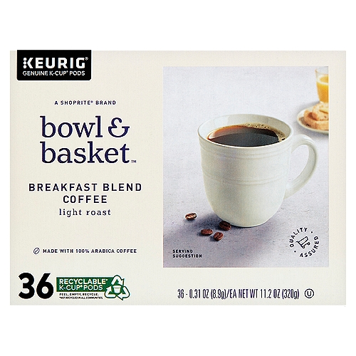 Bowl & Basket Light Roast Breakfast Blend Coffee K-Cup Pods, 0.31 oz, 36 count
A Rich, Great-Tasting Cup of Coffee. Balanced and Light Roasted with Sweet Citrus Notes.