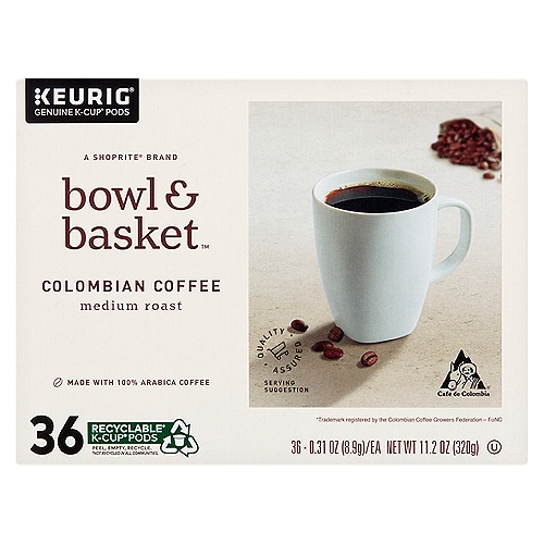 Bowl & Basket Medium Roast Colombian Coffee K-Cup Pods, 0.31 oz, 36 count
A Rich, Great-Tasting Cup of Coffee. Full-Bodied, Vivid, and Complex. Medium Roast with Sweet Fruity and Nutty Notes.