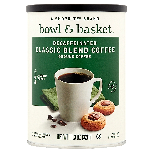 Bowl & Basket Decaffeinated Medium Roast Classic Blend Ground Coffee, 11.3 oz
Decaffeinated Coffee. Well-Balanced, Rich Flavor.
Bowl & Basket™ Decaf Coffee is the Right Choice when You Want the Flavor of a Medium Roast Coffee, But Don't Want All the Caffeine.
This Blend of Coffee Beans from Both South & Central America is 99.7% Caffeine-Free for All-Day Enjoyment.
