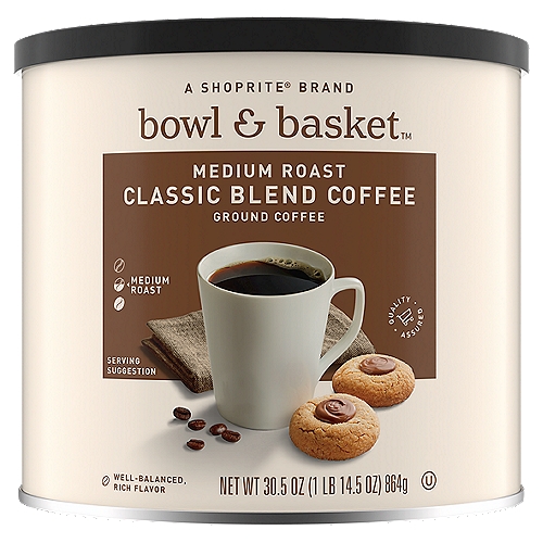 Bowl & Basket Classic Blend Medium Roast Ground Coffee, 30.5 oz
Enjoy Our Bowl & Basket™ Classic Coffee Anytime You are Looking for Well-Balanced, Rich Flavor in a Medium Roast Coffee.
Our Classic Style Uses a Traditional Blend of Coffee Beans from Both South & Central America & is Sure to Become an Everyday Favorite in Your Home.