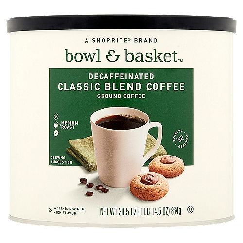 Bowl & Basket Decaffeinated Classic Blend Ground Coffee, 30.5 oz
Bowl & Basket™ Decaf Coffee is the Right Choice when You Want the Flavor of a Medium Roast Coffee, but Don't Want All the Caffeine.
This Blend of Coffee Beans from Both South & Central America is 99.7% Caffeine-Free for All-Day Enjoyment.