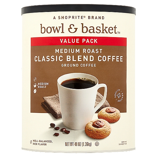 Bowl & Basket Classic Blend Medium Roast Ground Coffee Value Pack, 48 oz
100% Pure Coffee. Well-Balanced, Rich Flavor.
Enjoy Our Bowl & Basket™ Classic Coffee Anytime You Are Looking for Well-Balanced, Rich Flavor in a Medium Roast Coffee.
Our Classic Style Uses a Traditional Blend of Coffee Beans from Both South & Central America & is Sure to Become an Everyday Favorite in Your Home.