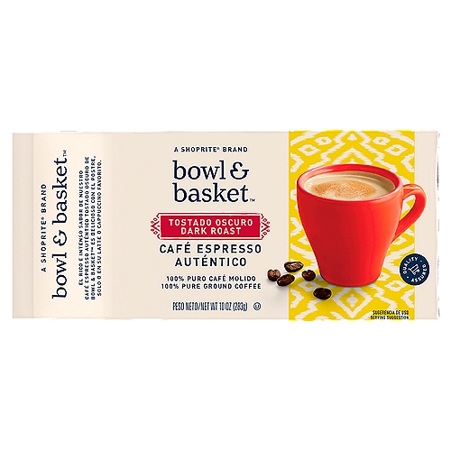 100% Pure Ground Coffee The robust, rich flavor of our Dark Roast Bowl & Basket • Cafe Espresso Autentico is great with dessert, by the shot, or in your favorite latte or cappuccino.