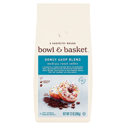 Bowl & Basket Donut Shop Blend Medium Roast Coffee, 12 oz
100% Arabica Ground Coffee

A classically smooth blend with an incredibly well-balanced flavor. No matter your sweet treat desire, this coffee is the perfect choice for the ''dunker'' in your house.

Bowl & Basket™ Coffee starts its journey in the best growing regions across the world, using only 100% Arabica coffee beans known for their complex, rich flavor & smooth finish.

Arabica coffee is grown at a higher elevation, takes longer to mature & requires more care than its counterpart, robusta coffee beans, making Arabica the most premium type of coffee on the market. The beans are then roasted to perfection, & with a variety of roast levels & flavors available, you're sure to find the perfect blend for your home. The result is a great-tasting cup of coffee that can be enjoyed black or with your favorite Bowl & Basket™ Milk or Creamer.