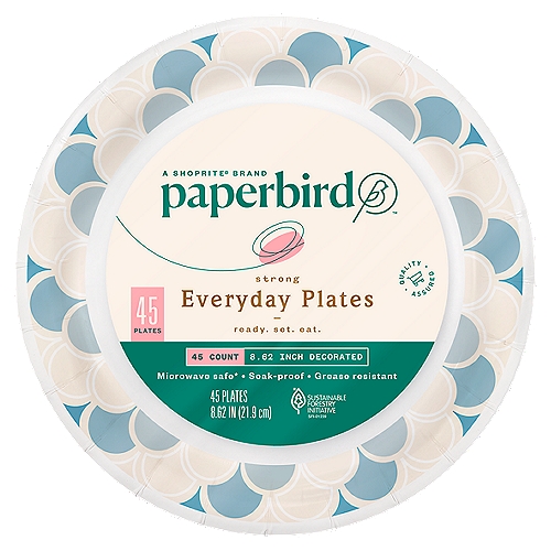 Paperbird 8.62 Inch Decorated Strong Everyday Plates, 45 count
Microwave safe*
*Recommended Only for Limited Microwave Use in Reheating Food. Do Not Use for Cooking.