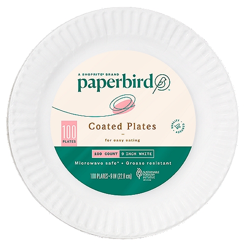 Paperbird 9 Inch White Coated Plates, 100 count
Microwave safe*
*Recommended Only for Limited Microwave Use in Reheating Food. Do Not Use for Cooking.