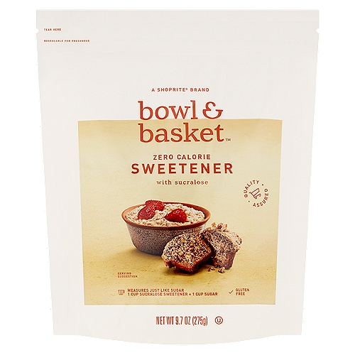 Bowl & Basket Zero Calorie Sweetener with Sucralose, 9.7 oz
Measures just like sugar
1 cup sucralose sweetener = 1 cup sugar

Note to diabetics: This product may be useful in your diet on the advice of a physician. B&B sugar substitute contains less than 1 gram of carbohydrate and can be used in conjunction with your food exchange program.