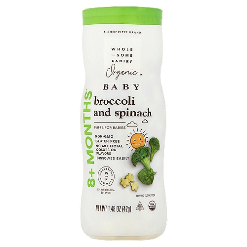 Wholesome Pantry Organic Broccoli and Spinach Puffs for Babies, 8+ Months, 1.48 oz
8+ Months*
*This Age is Provided for Guidance Only.