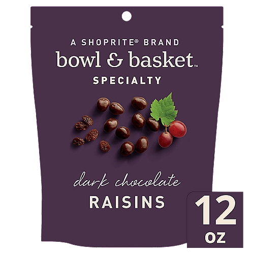 Bowl & Basket Specialty Dark Chocolate Raisins, 12 oz
Plump & Juicy Raisins Dipped in Thick 52% Cacao Dark Chocolate
