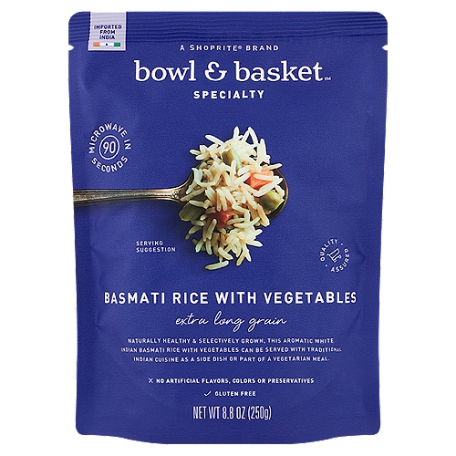 Bowl & Basket Specialty Extra Long Grain Basmati Rice with Vegetables, 8.8 oz
Naturally Healthy & Selectively Grown, this Aromatic White Indian Basmati Rice with Vegetables Can Be Served with Traditional Indian Cuisine as a Side Dish or Past of a Vegetarian Meal.
