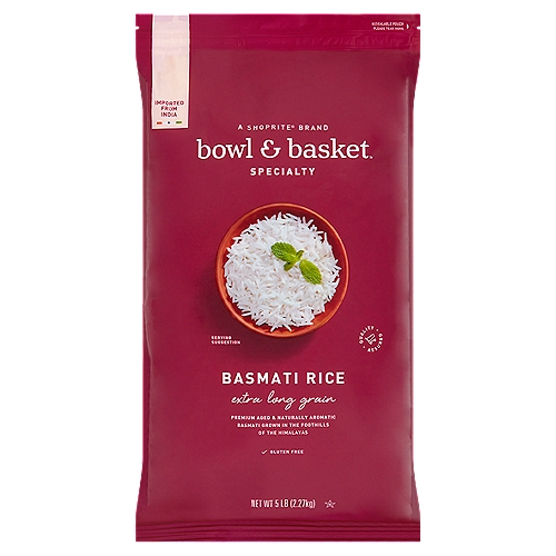 Bowl & Basket Specialty Extra Long Grain Basmati Rice, 5 lb
Premium Aged & Naturally Aromatic Basmati Grown in the Foothills of the Himalayas