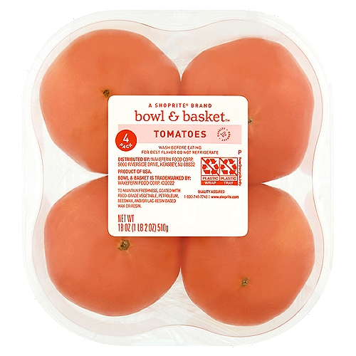 Bowl & Basket Tomatoes, 4 count, 18 oz
To Maintain Freshness, Coated with Food-Grade Vegetable, Petroleum, Beeswax, and/or Lac-Resin Based Wax or Resin.