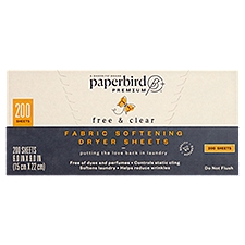 Paperbird Premium Free & Clear Fabric Softening, Dryer Sheets, 200 Each