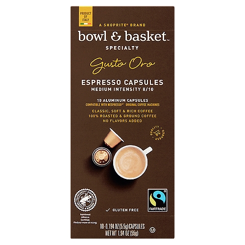 Bowl & Basket Specialty Gusto Oro Espresso Aluminum Capsules, 0.194 oz, 10 count
100% Roasted & Ground Coffee