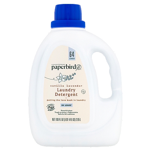 Paperbird Vanilla Lavender Laundry Detergent, 64 loads, 100 fl oz
64 Loads*
*Contains 64 medium loads as measured to line 1 on cap