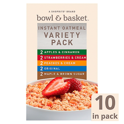 Bowl & Basket Instant Oatmeal Variety Pack, 10 count, 12.41 oz
Apples & Cinnamon
Naturally Flavored with Other Natural Flavors

Strawberries & Cream
Artificially Flavored

Peaches & Cream
Artificially Flavored

Maple & Brown Sugar
Naturally Flavored with Other Natural Flavors