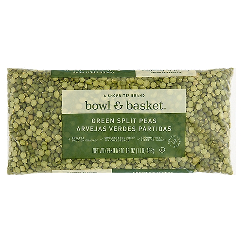 Bowl & Basket Green Split Peas, 16 oz
Low Fat*
*Green Split Peas, a Low Fat Food

Cholesterol Free†
†Green Split Peas, a Cholesterol Free Food

Sodium Free‡
‡Green Split Peas, a Sodium Free Food

Peas Are a Natural Agricultural Product. Despite Use of Modern Cleaning Equipment, It is Not Always Possible to Remove All Foreign Material.