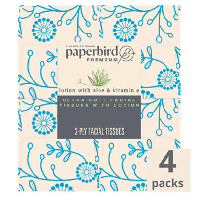 Paperbird Premium Ultra Soft Facial Tissues with Lotion, 65 3-ply tissues per box, 4 count, 260 Each