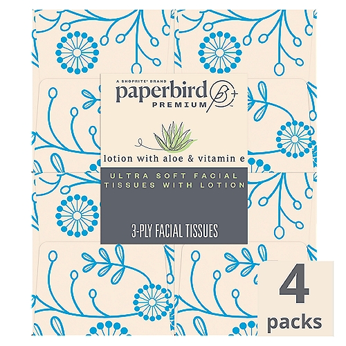 Paperbird Premium Ultra Soft Facial Tissues with Lotion, 65 3-ply tissues per box, 4 count