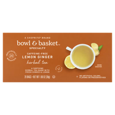 Bowl & Basket Specialty Caffeine-Free Lemon Ginger Herbal Tea Bags, 20 count, 1.06 oz