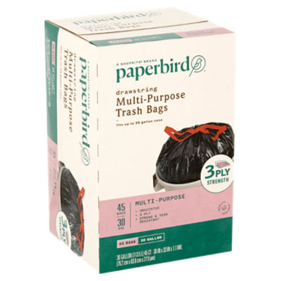 Paperbird 30 Gallon Multi-Purpose Drawstring Trash Bags, 45 count