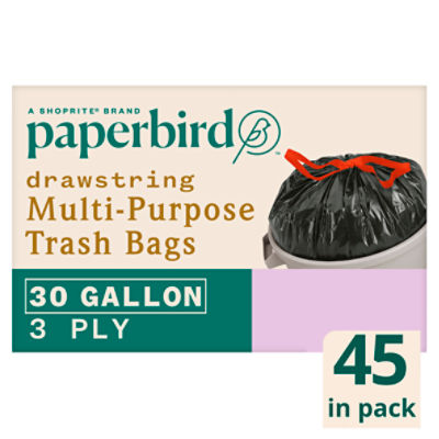Paperbird 30 Gallon Multi-Purpose Drawstring Trash Bags, 45 count