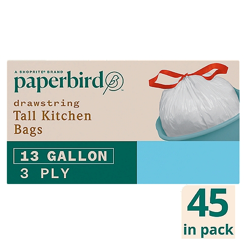 Paperbird 13 Gallon Drawstring Tall Kitchen Bags, 45 count