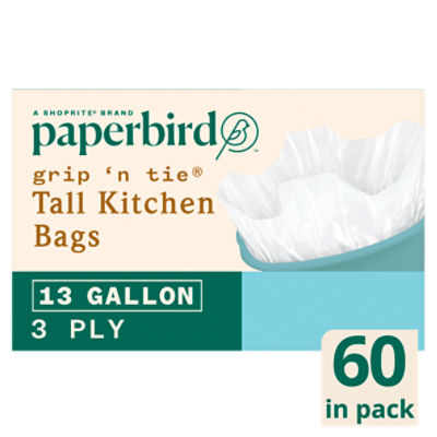 Paperbird Grip 'N Tie 13 Gallon Tall Kitchen Bags, 60 count