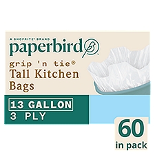 Paperbird Grip 'N Tie 13 Gallon Tall Kitchen Bags, 60 count