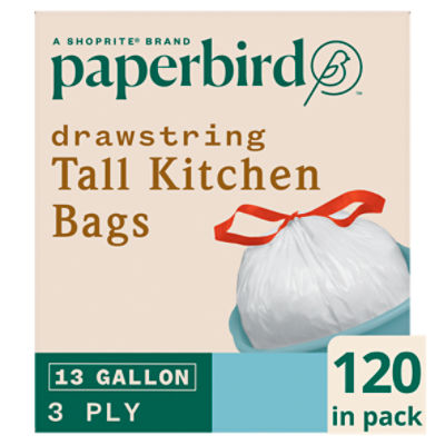 Paperbird 13 Gallon Drawstring Tall Kitchen Bags, 120 count