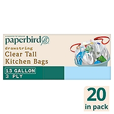 Paperbird 13 Gallon Clear Tall Kitchen Drawstring Bags, 20 Count, 20 Each
