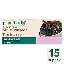 Paperbird 30 Gallon Drawstring Multi-Purpose Trash Bags, 15 count
