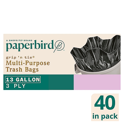 Paperbird Grip 'N Tie 30 Gallon Multi-Purpose Trash Bags, 40 count