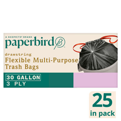 Paperbird 30 Gallon Drawstring Flexible Multi-Purpose Trash Bags, 25 count, 25 Each