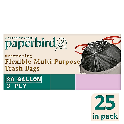 Paperbird 30 Gallon Drawstring Flexible Multi-Purpose Trash Bags, 25 count