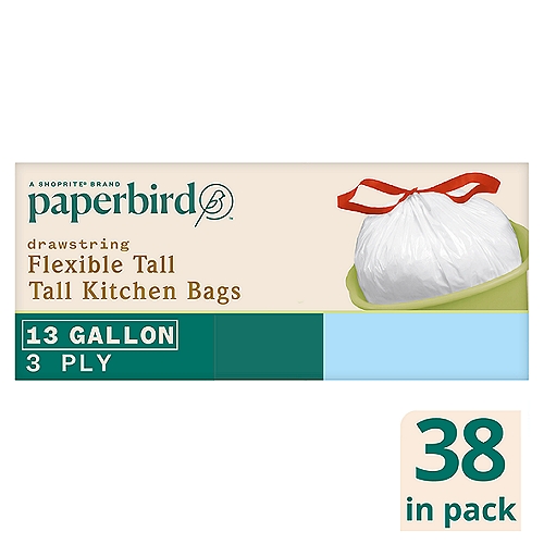 Paperbirde 13 Gallon Flexible Tall Kitchen Drawstring Bags, 38 count