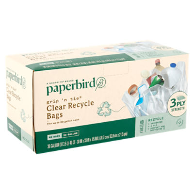 Paperbird Grip 'N Tie 30 Gallon Clear Recycle Bags, 40 count