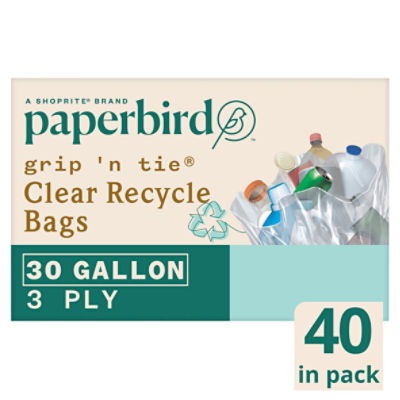 Paperbird Grip 'N Tie 30 Gallon Clear Recycle Bags, 40 count, 40 Each