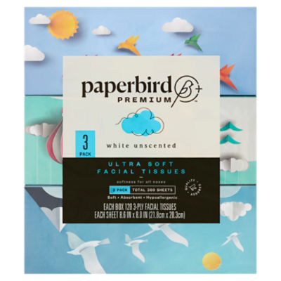 Paperbird Premium White Unscented Ultra Soft Facial Tissues, 3-ply, 360 count, 360 Each