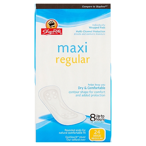 ShopRite Maxi Regular Pads, 24 count
The Maxi Regular wingless pad is designed with a super absorbent core to lock in fluid and keep you drier. The pads are shaped for a comfortable fit to provide more protection where you need it most. A moisture proof barrier protects more efficiently against side leakage. Each pad is individually wrapped for your convenience.