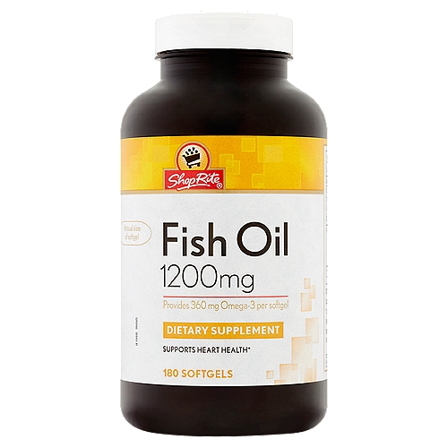 ShopRite Fish Oil Dietary Supplement, 1200mg, 180 count
Supports Heart Health*

Free of: yeast, wheat, gluten, milk or milk derivatives, lactose, preservatives, soy, artificial color, artificial flavor.

Fish Oil contains EPA and DHA, two omega-3 fatty acids that help support and maintain the health of your cardiovascular and circulatory systems and support heart health.* Omega-3 fatty acids are considered ''good'' fats, and help maintain triglyceride levels already within a normal range.*
*These statements have not been evaluated by the Food and Drug Administration. This product is not intended to diagnose, treat, cure or prevent any disease.