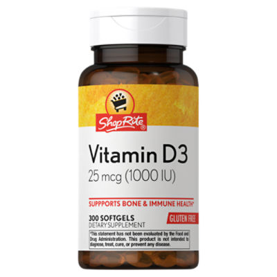 ShopRite Vitamin D3 Softgels, 25 mcg (1000 IU), 300 count, 300 Each