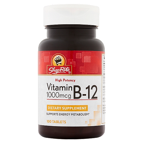 ShopRite High Potency Vitamin B-12 Tablets, 1000 mcg, 100 count
Dietary Supplement

Supports Energy Metabolism*

Free of: yeast, wheat, gluten, milk or milk derivatives, lactose, preservatives, soy, artificial color, artificial flavor.

Vitamin B-12 plays a role in energy metabolism in the body and is part or a triad of vitamins - along with folic acid and vitamin B-6 - that work together to support heart health.* Vitamin B-12 also contributes to the health of the nervous system.*
*These statements have not been evaluated by the Food and Drug Administration. This product is not intended to diagnose, treat, cure or prevent any disease.